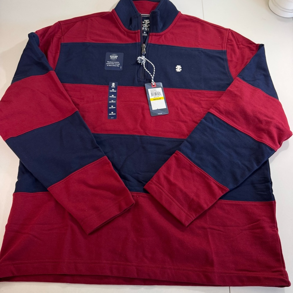 Izod 1/4 Zip Pullover Men’s Medium Striped Navy Red NWT